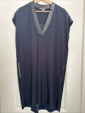 Vince Navy Shift Dress with Leather Trim
